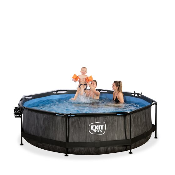 EXIT Black Wood pool ø300x76cm med filterpumpe og poolskærm og baldakin - sort