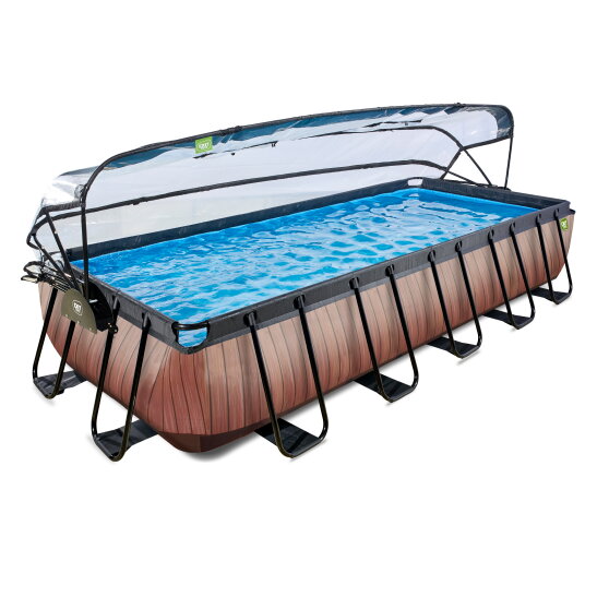 EXIT Wood pool 540x250x100cm med sandfilterpumpe og poolskærm og varmepumpe - brun