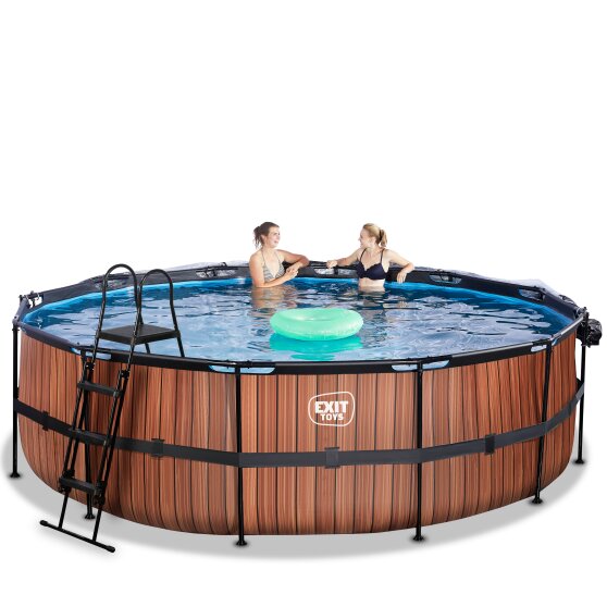 EXIT Wood pool ø488x122cm med sandfilterpumpe og poolskærm og varmepumpe - brun