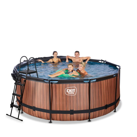 EXIT Wood pool &oslash;360x122cm med sandfilterpumpe og poolsk&aelig;rm og varmepumpe - brun