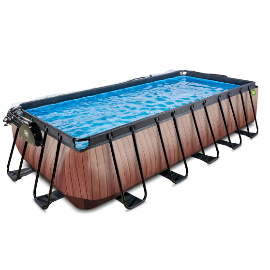EXIT Wood pool 540x250x122cm med sandfilterpumpe og poolskærm og varmepumpe - brun