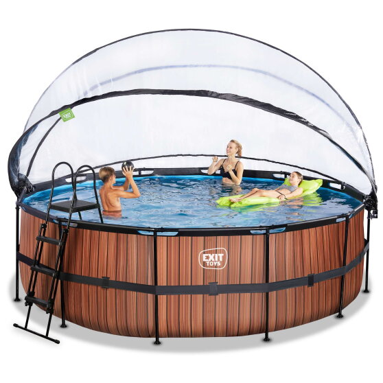 EXIT Wood pool &oslash;450x122cm med sandfilterpumpe og poolsk&aelig;rm - brun