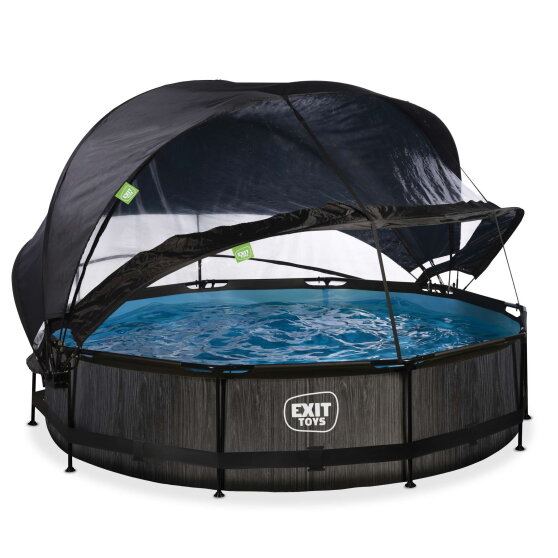 EXIT Black Wood pool ø360x76cm med filterpumpe og poolskærm og baldakin - sort
