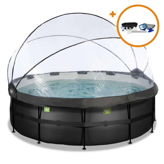 EXIT Black Leather pool ø427x122cm med sandfilterpumpe og poolskærm og tilbehørssæt - sort