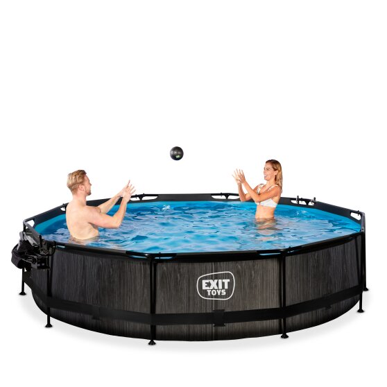 EXIT Black Wood pool ø360x76cm med filterpumpe og poolskærm og baldakin - sort
