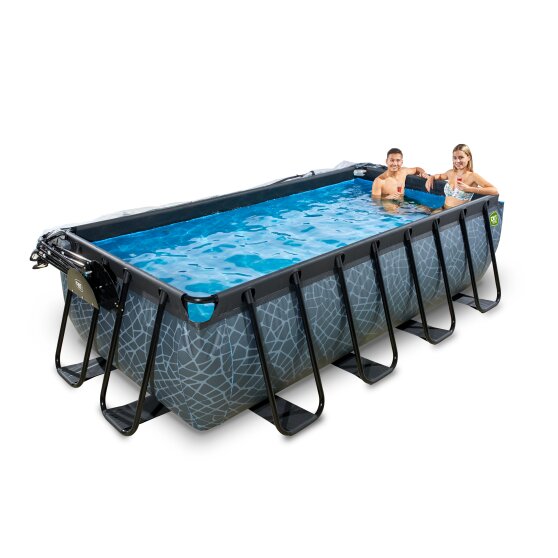 EXIT Stone pool 400x200x100cm med sandfilterpumpe og poolskærm og varmepumpe - grå