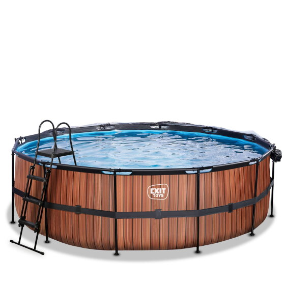 EXIT Wood pool &oslash;450x122cm med sandfilterpumpe og poolsk&aelig;rm - brun