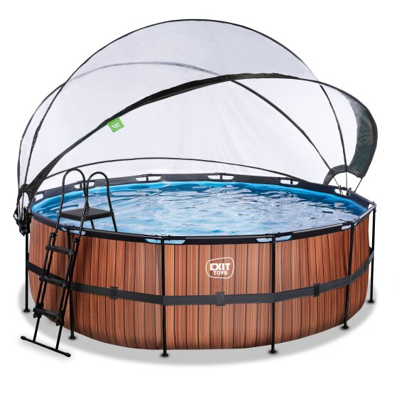 EXIT Wood pool ø427x122cm med sandfilterpumpe og poolskærm og varmepumpe - brun