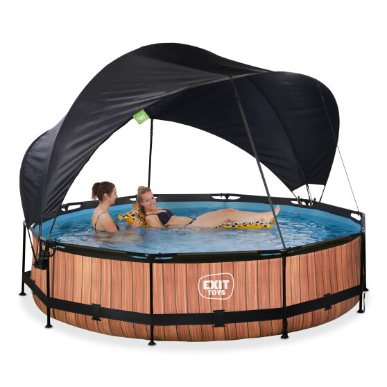 EXIT Wood pool ø360x76cm med filterpumpe og baldakin - brun