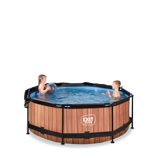 EXIT Wood pool &oslash;244x76cm med filterpumpe og baldakin - brun
