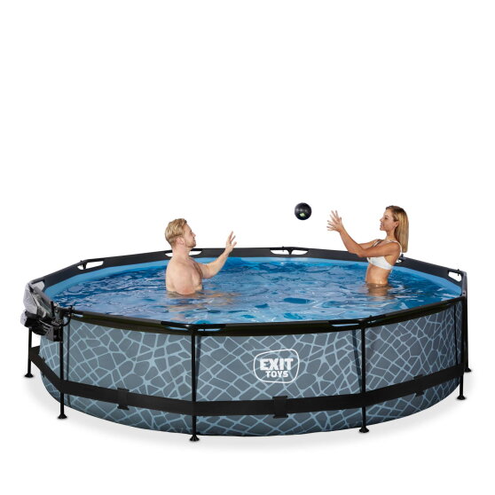 EXIT Stone pool &oslash;360x76cm med filterpumpe og poolsk&aelig;rm - gr&aring;