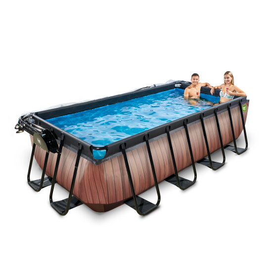 EXIT Wood pool 400x200x100cm med sandfilterpumpe og poolskærm - brun