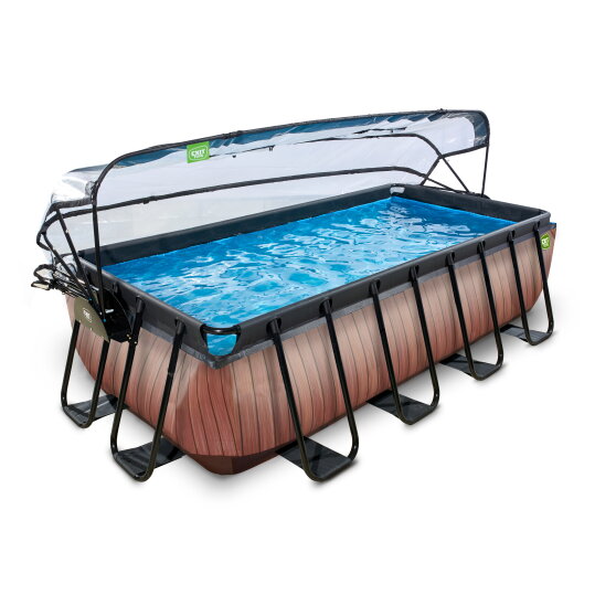 EXIT Wood pool 400x200x100cm med sandfilterpumpe og poolskærm - brun