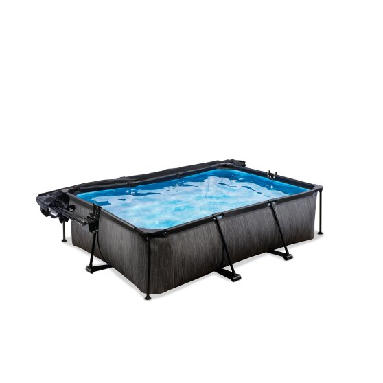 EXIT Black Wood pool 220x150x65cm med filterpumpe og poolskærm og baldakin - sort