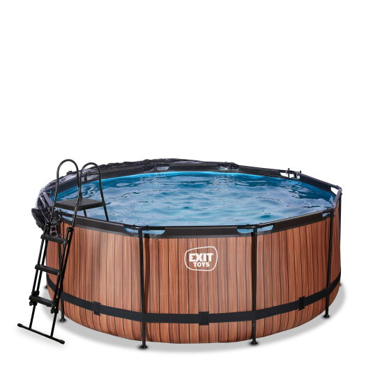 EXIT Wood pool &oslash;360x122cm med sandfilterpumpe og poolsk&aelig;rm og varmepumpe - brun