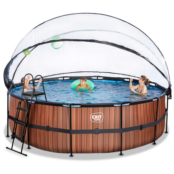 EXIT Wood pool &oslash;450x122cm med sandfilterpumpe og poolsk&aelig;rm - brun